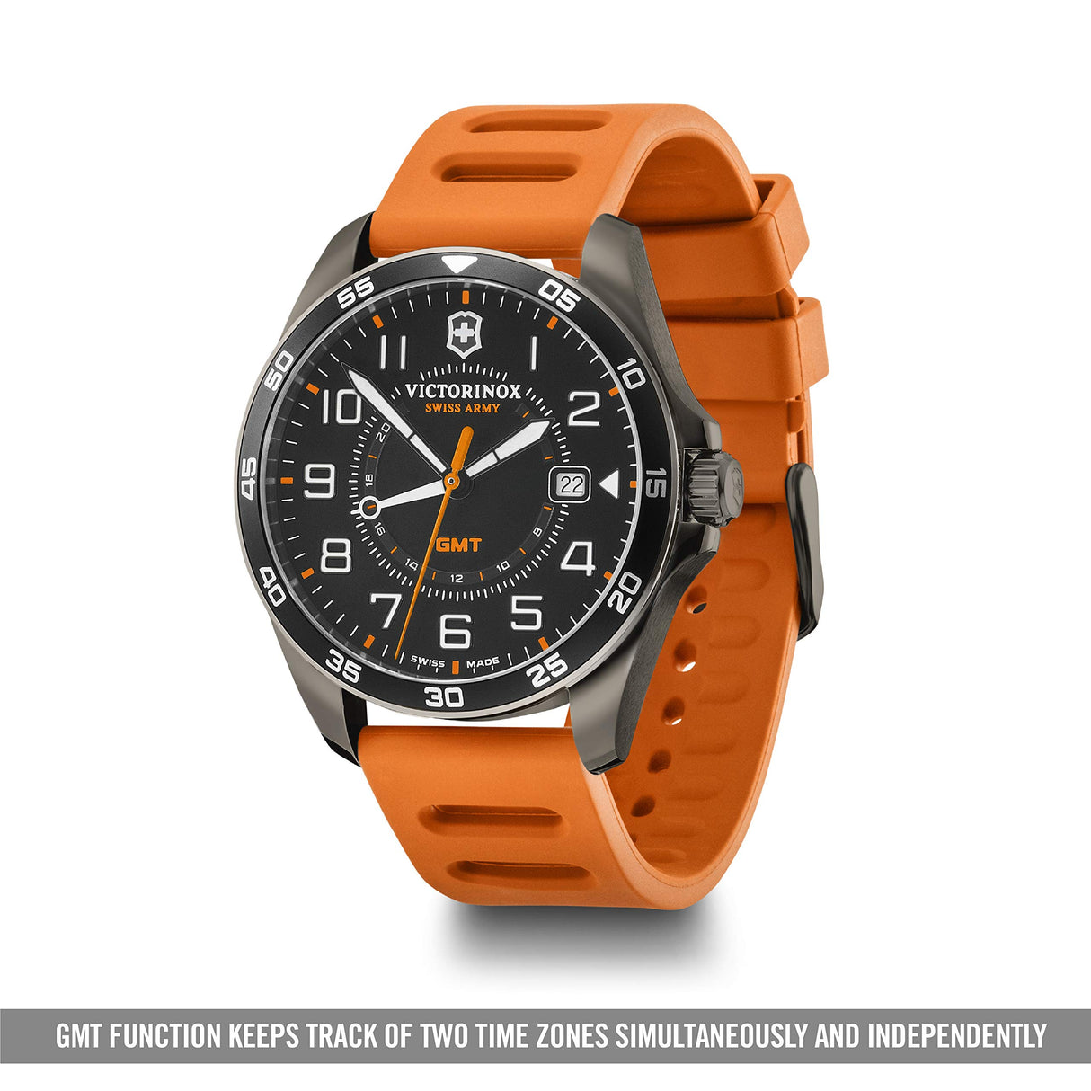 Victorinox FieldForce Sport GMT Ø 42 mm Reloj de Pulsera de Hombre, Swiss Made, Cuarzo analógico, Sumergible hasta 100 m, Pulsera de Caucho, Negro/Naranja
