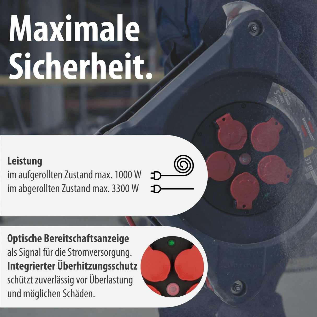 Brennenstuhl Carrete de Cable Profesional KA 3110 5 IP44 (Cable H07BQ-F 3G1,5 de 33 m en Rojo, Uso en Obra y Exterior Permanente, 5 enchufes de Seguridad, Made in Germany)
