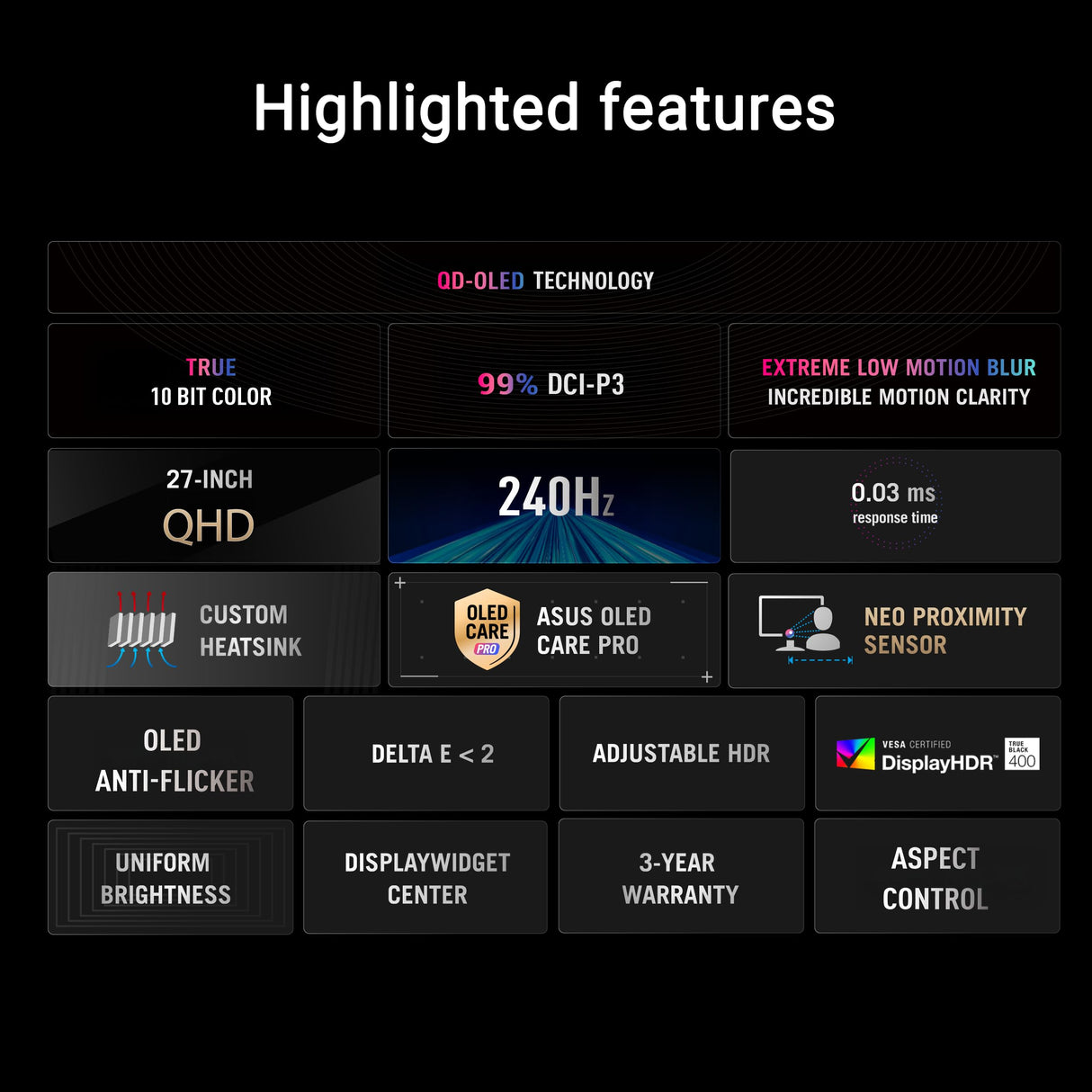 ASUS ROG Strix XG27AQDMES - Monitor Gaming de 27 Pulgadas, 1440p QD-OLED, 240 Hz, Neo Proximity Sensor, OLED Care Pro, ELMB, 99% DCI-P3, DisplayWidget Center