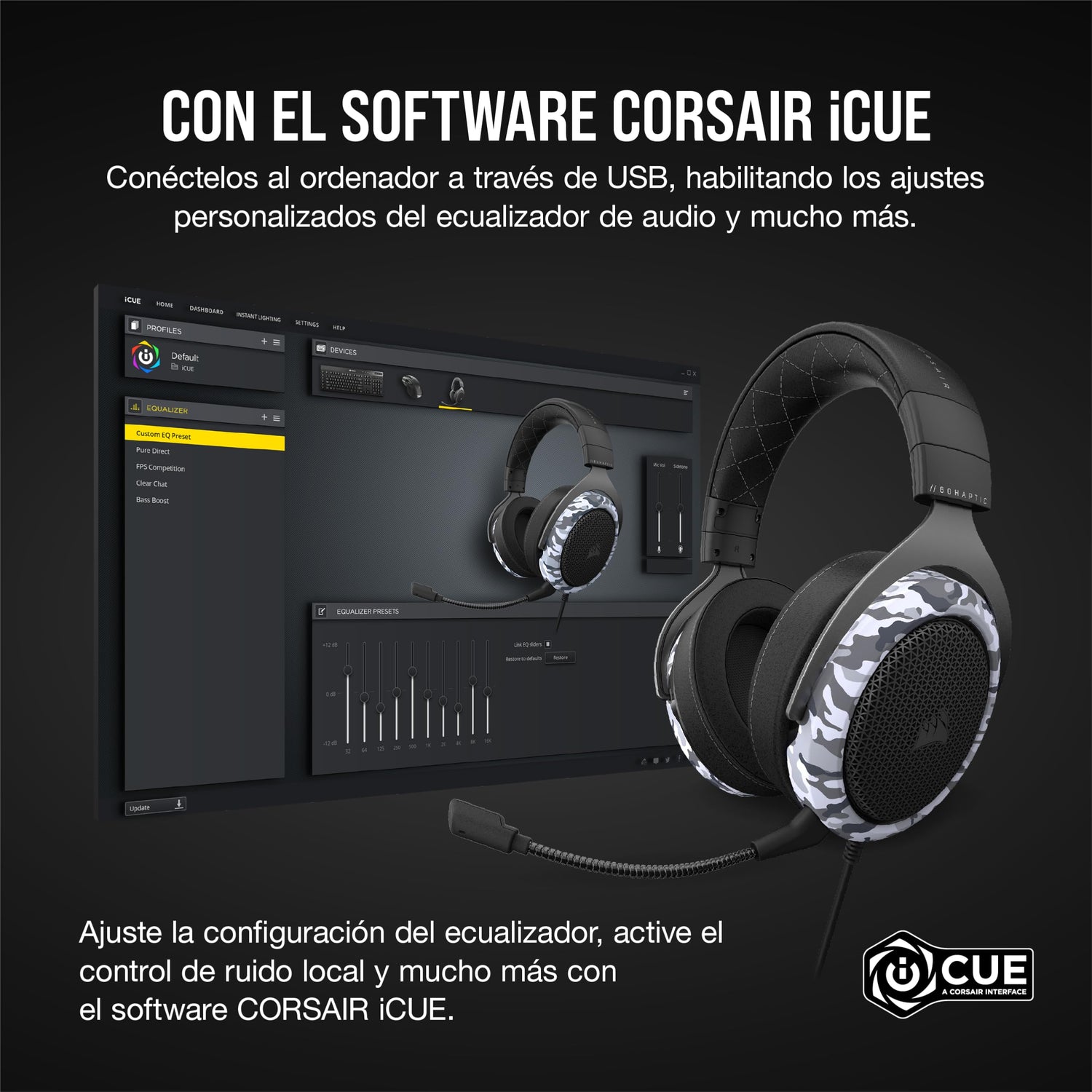 Corsair HS60 HAPTIC Auriculares Estéreo para Juegos con Efectos Hápticos en Los Bajos (Taction Technology, Almohadillas de Lujosa Espuma Viscoelástica, Micrófono Extraíble) Camo