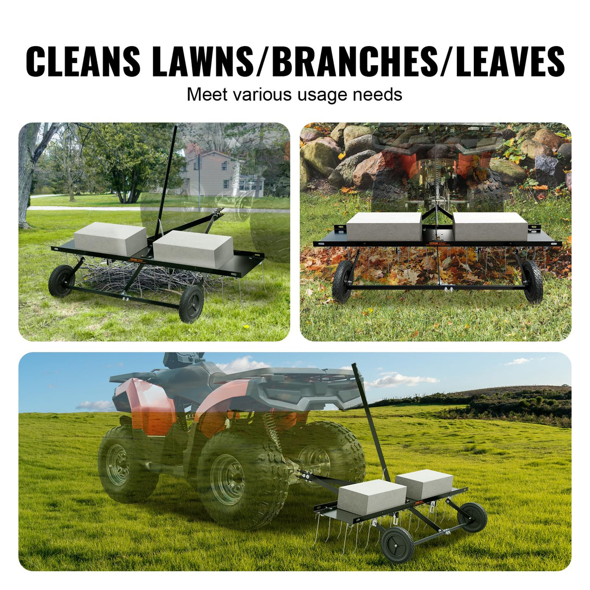 VEVOR Cortacéspedes de Remolque detrás de 1219 x 1140 x 865 mm con 24 Púas de Acero con Resorte, Rastrillo de Césped para ATV o Cortacésped, con Mango de Elevación para Césped de Granja de Jardín
