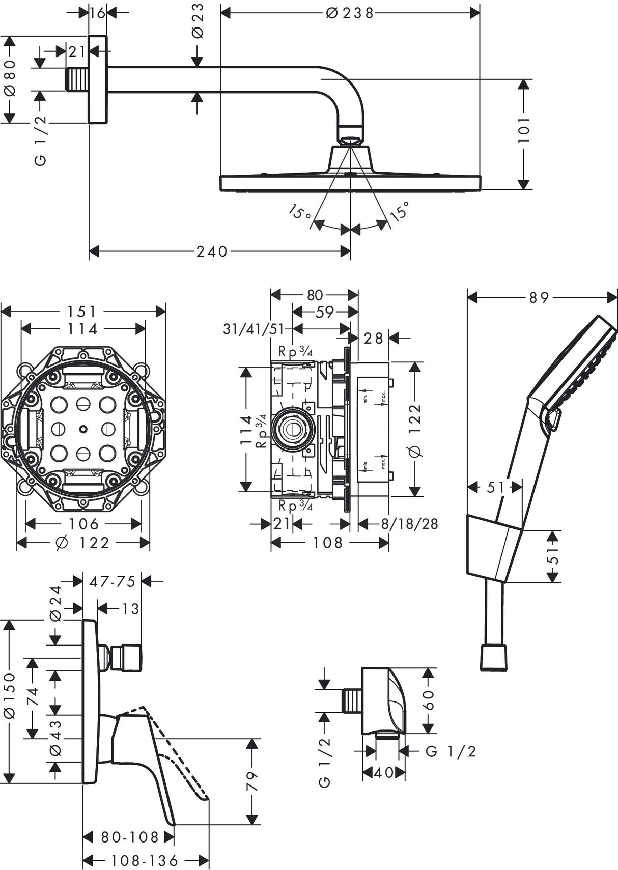 Hansgrohe Crometta S 240 27958000 - Juego de ducha empotrable 7 en 1 con alcachofa de ducha y manguera de ducha (incluye base y soportes), color cromado