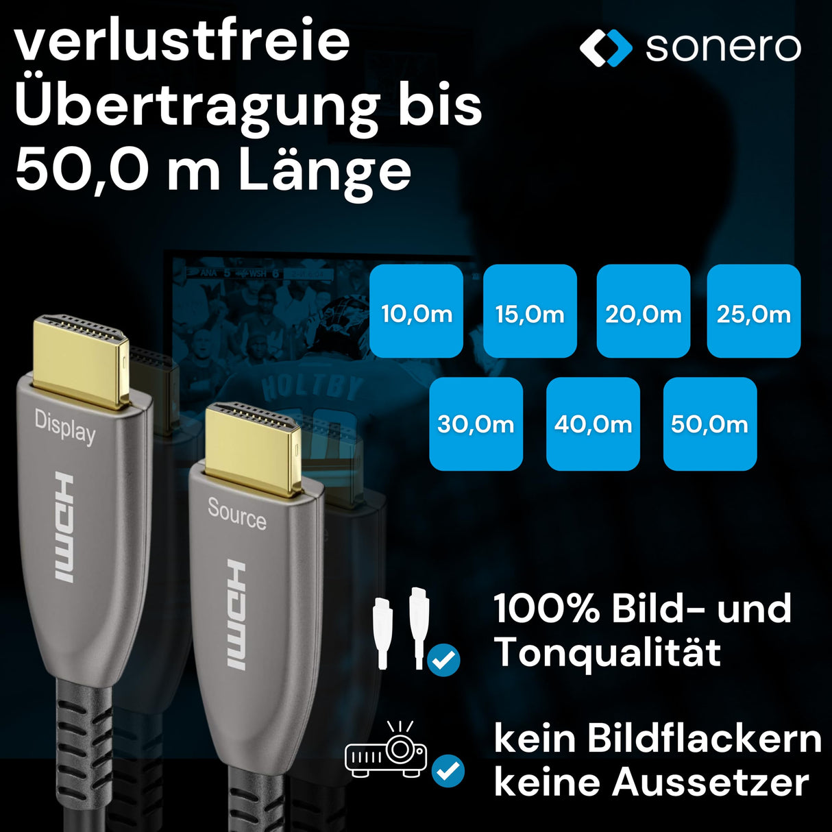 Sonero 50 m de Cable HDMI 2.0b, híbrido de Fibra óptica, UHD 2160P, 4K60Hz, 4:4:4, HDR, 18Gbps