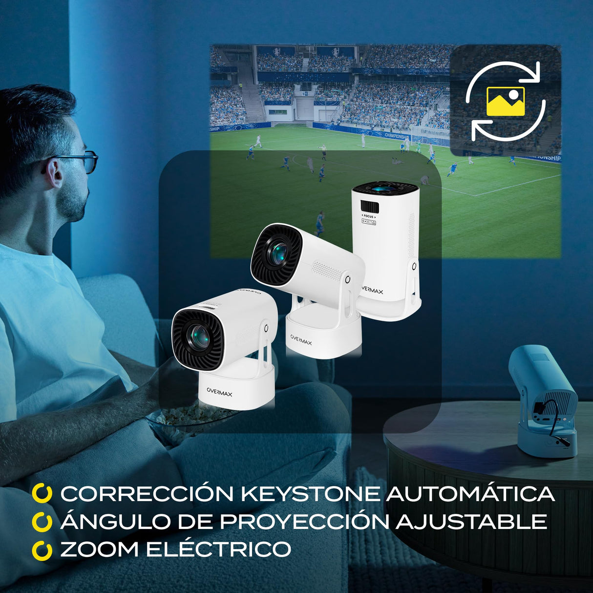 OVERMAX MULTIPIC EZ Mini Proyector 4K FullHD con Batería Integrada, Corrección Keystone, Imagen hasta 200", Wi-Fi Bluetooth 5.3, 2000 Lúmenes, Proyector de Estrellas, Mando a Distancia, Android 9.0