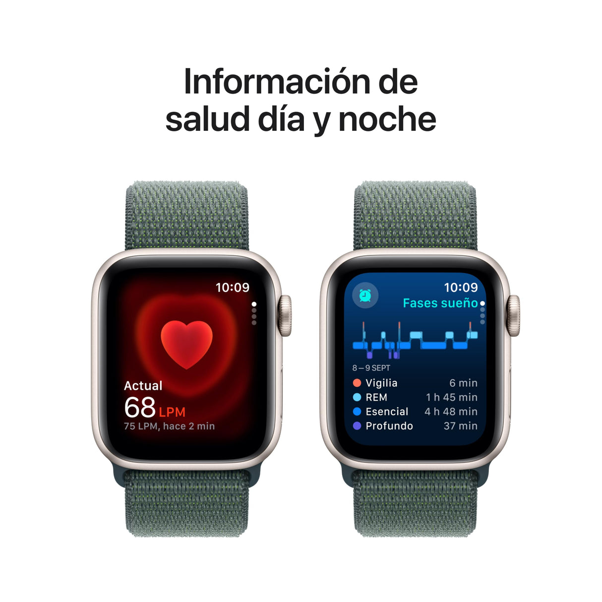 Apple Watch SE de 2.ª generación GPS Smartwatch con Caja de Aluminio en Blanco Estrella de 40 mm y Correa Loop Deportiva Verde Lago. Monitores de entreno y sueño y Neutro en Carbono