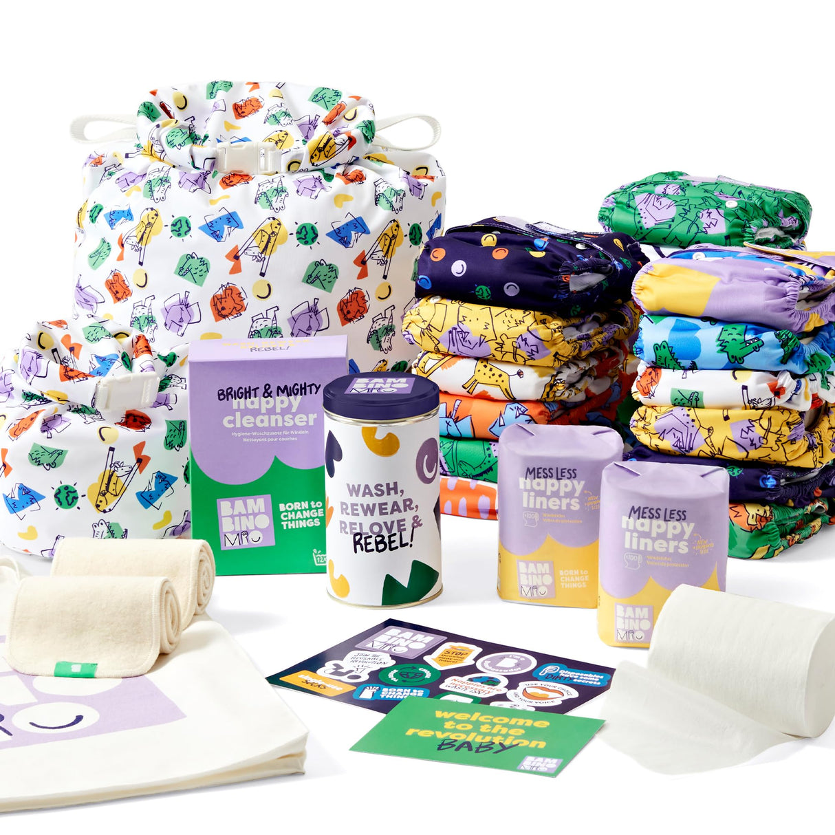 Bambino Mio, Juego de pañales reutilizables The Changemaker, 20 pañales, forros, refuerzos, bolsas húmedas y limpiador (Bold)