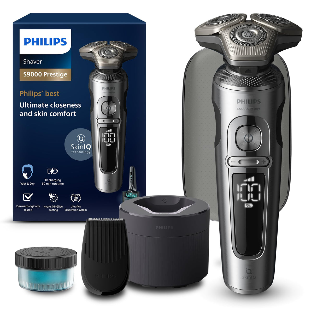 Philips S9000 Prestige, Afeitadora Eléctrica Hombre, Máquina de Afeitar Barba en Seco y Mojado, Tecnología Levanta y Corta SkinIQ, Recortador de Precisión, Centro de Limpieza, Funda Premium, SP9841/32