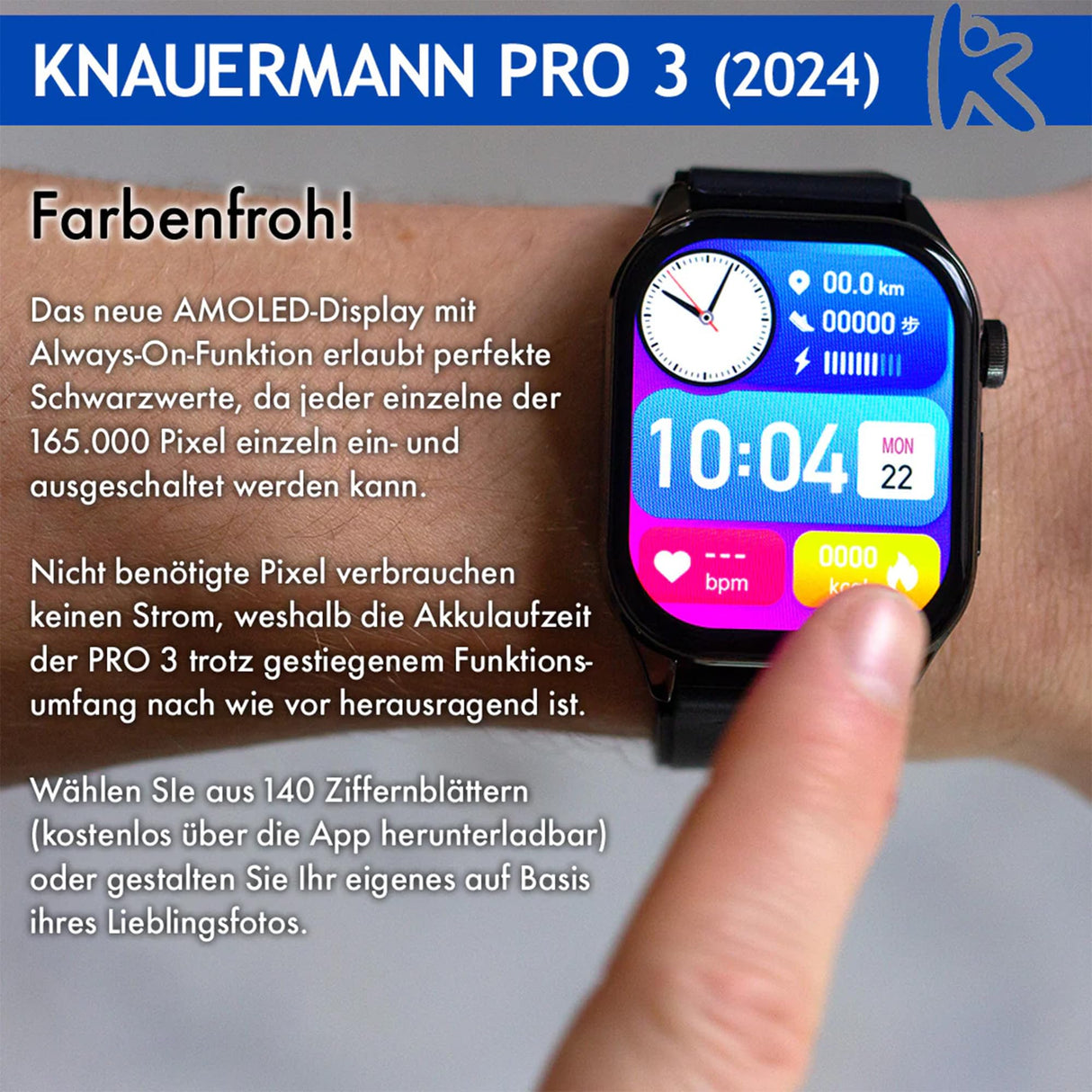 Knauermann Pro 3 (2024) Negro – Reloj Sanitario Smartwatch con función telefónica – Sensores OSRAM – Función ECG + HRV – BT Bluetooth – apnea del sueño – presión Arterial – Correa de auténtica,