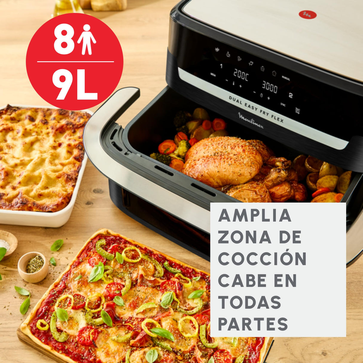 Moulinex Dual Easy Fry Flex, Freidora de aire con separador FlexCook, 9L de Capacidad Para Hasta 8 personas, 7 Programas Preestablecidos, Negro, EZ9228F0