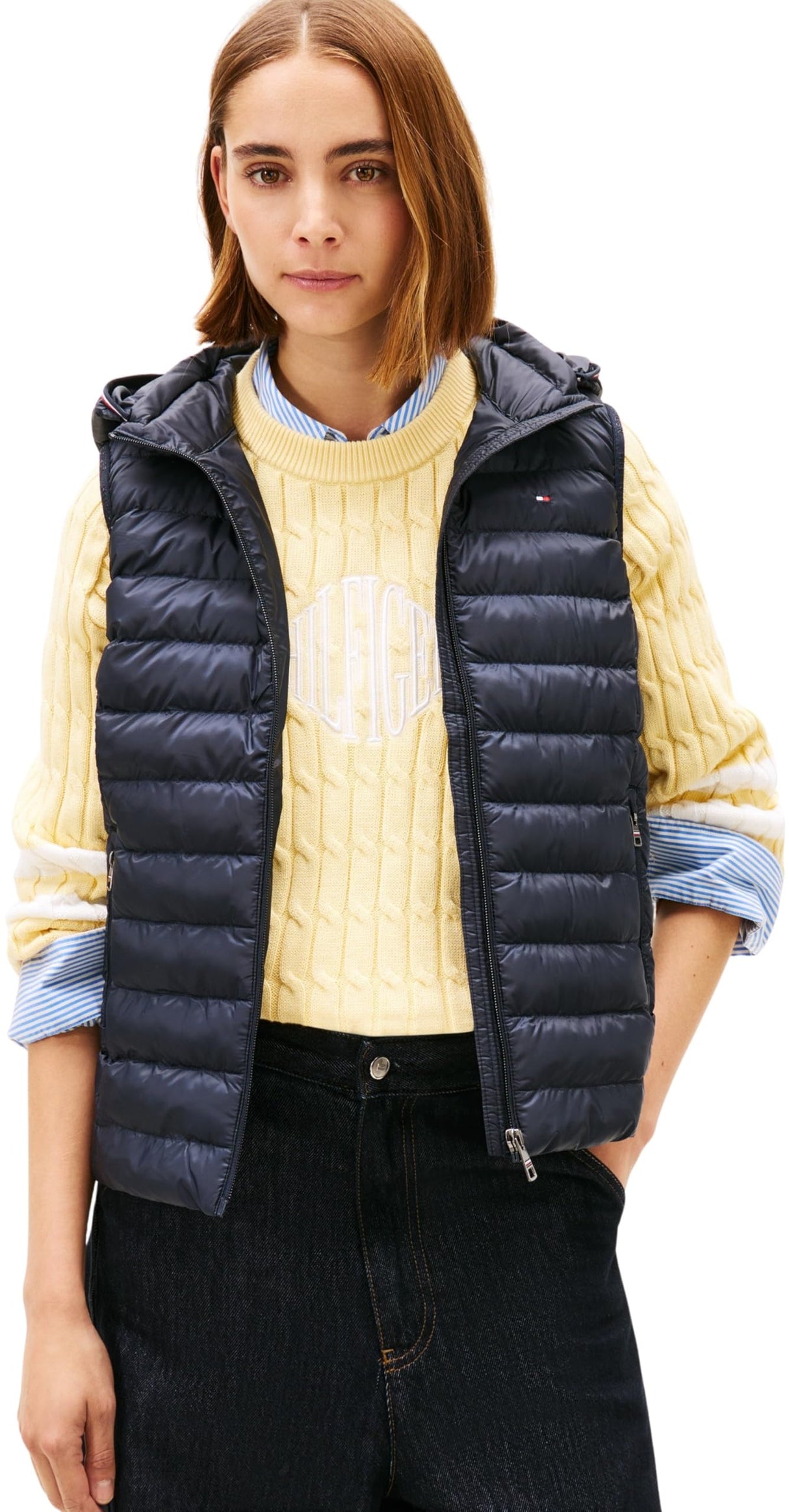 Tommy Hilfiger Chaleco Mujer Padded Global Stripe Vest con capucha, Azul (Desert Sky), L