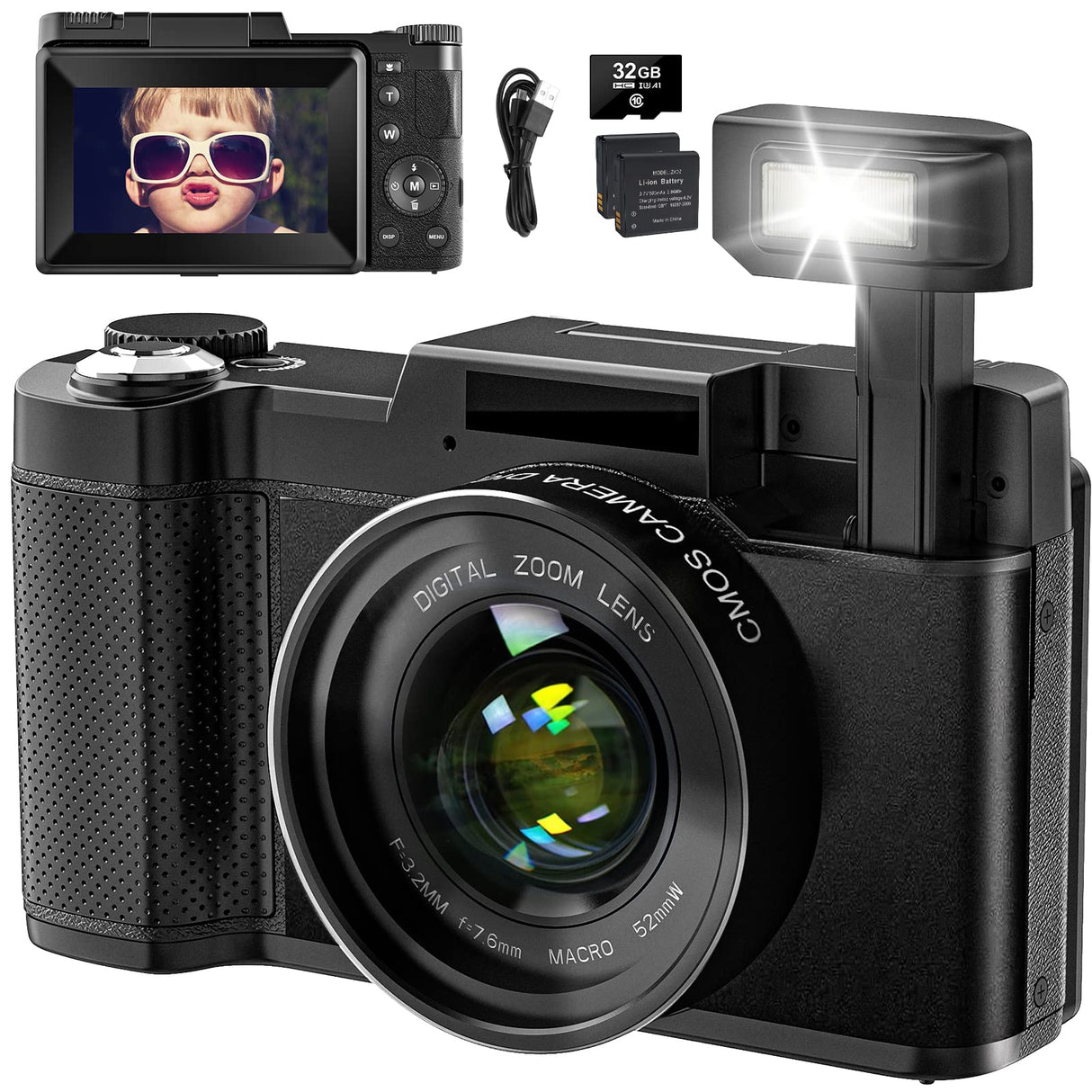 SWAGITLOUD Cámara Digital 4K 48MP Vlogging para YouTube con Zoom Digital 16X, Función Macro y Flash Elevable, Compacta con Pantalla Abatible de 3 Pulgadas 180°, Tarjeta TF de 32 GB, 2 Baterías, Negra