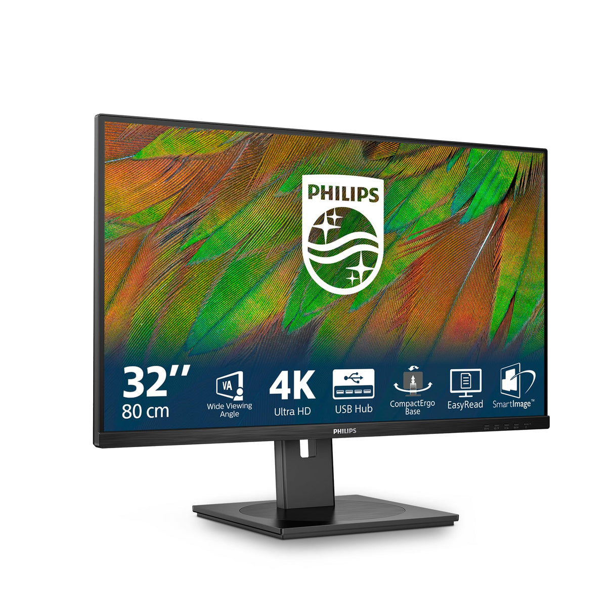 Philips 32B1N3800 Monitor 32" UHD, WLED, 60Hz, VA, 4 ms GtG, Adaptive Sync., TUV Eye Comfort, Altavoces, Altura Ajustable (3840x2160, 2X HDMI 2.0, 1x DP 1.4, USB-Hub) Negro