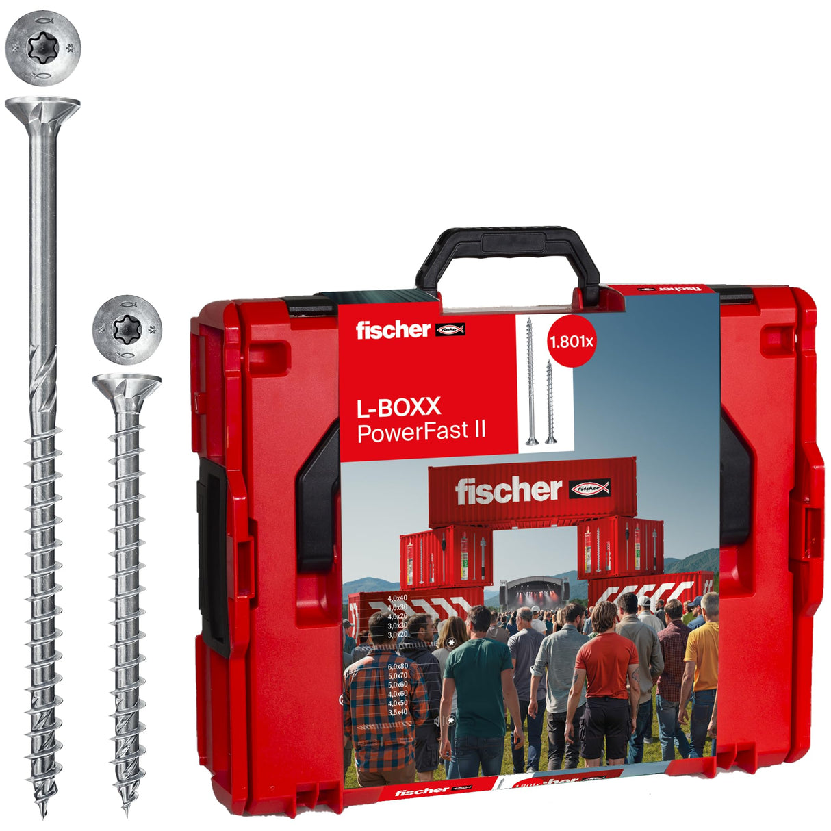 fischer L-Boxx PowerFast II, 1.800 tornillos PowerFast II para aglomerado en 11 dimensiones con rosca completa y parcial, para un procesamiento rápido y flexible, incluye juego ProfiBit