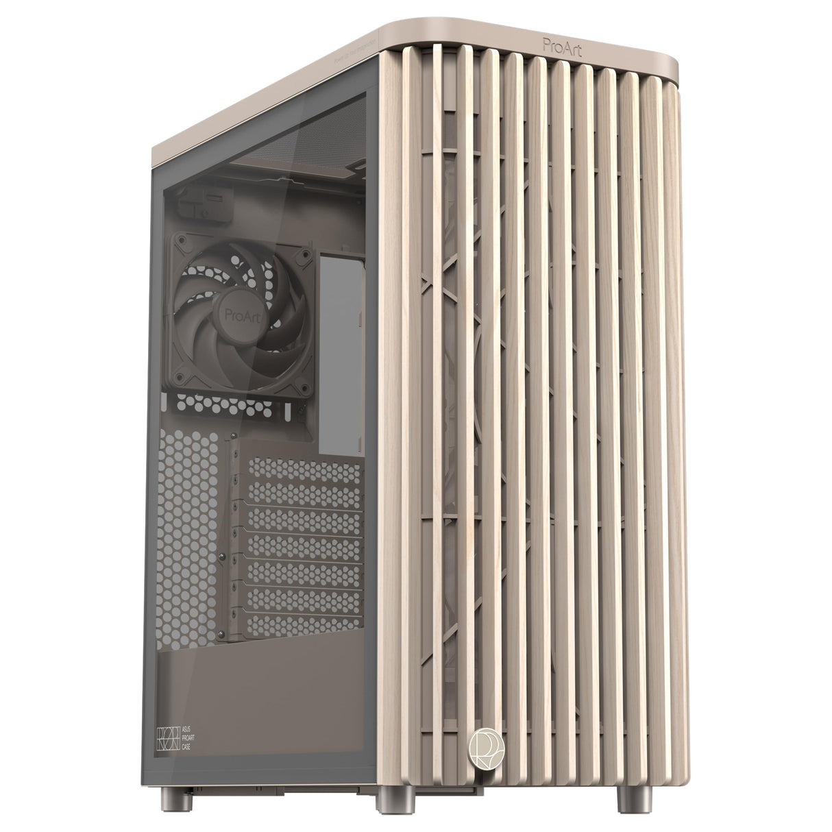 ASUS ProArt PA401 Wood Edition - Chasis ATX con Panel de Vidrio Templado, Compatible con GPU de 314mm, Compatible con radiadores de 240 mm, Dos Ventiladores de 160mm, Soporte de PSU extraíble - Beige