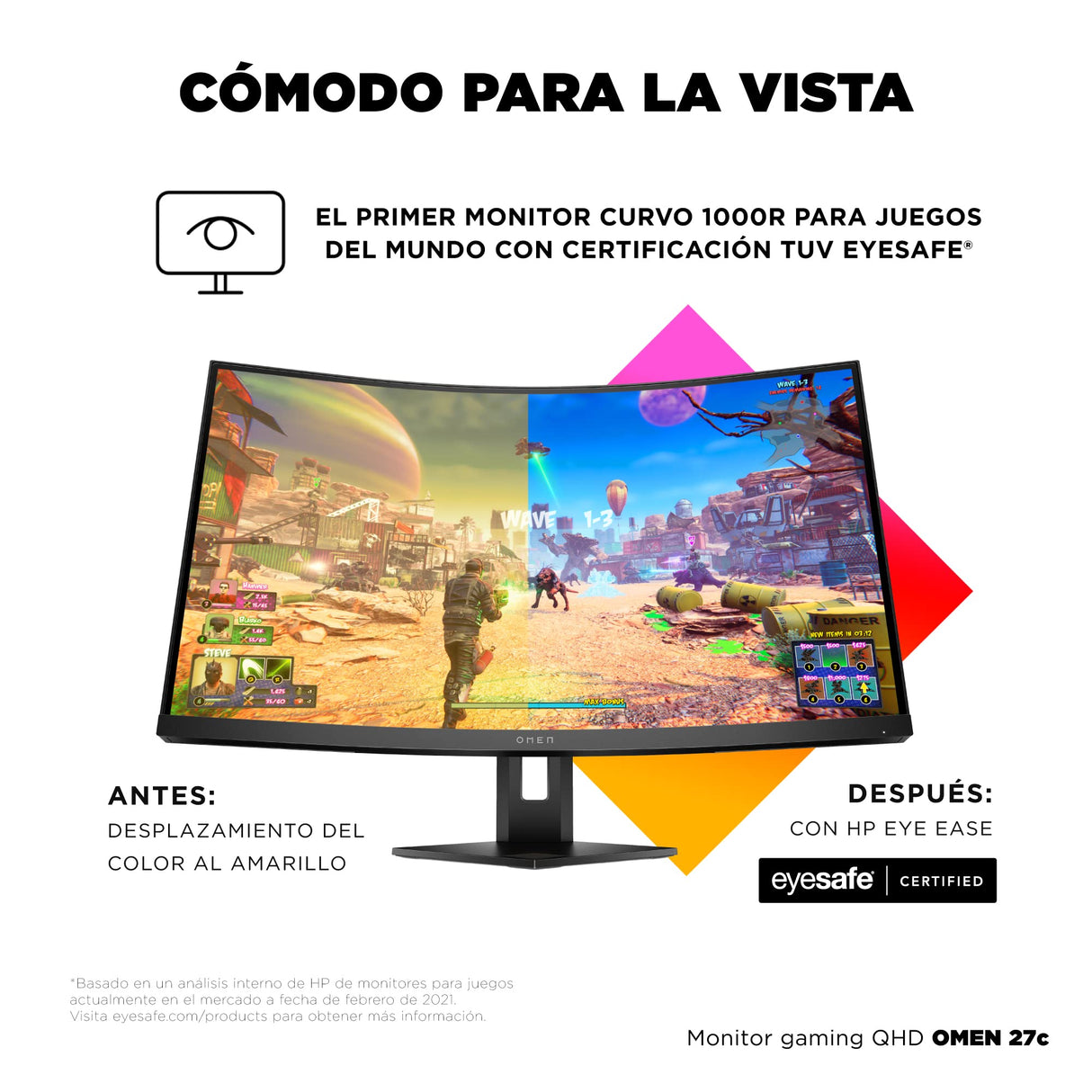 HP OMEN 27c QHD – Monitor Gaming de 27" Quad HD (2560 x 1440 a 240Hz, VA, Curvatura 1000R, 16:9, 1ms, HDMI, Low Blue Light, Antirreflectante, AMD Freesync Premium Pro, Compatible con Consolas) Negro
