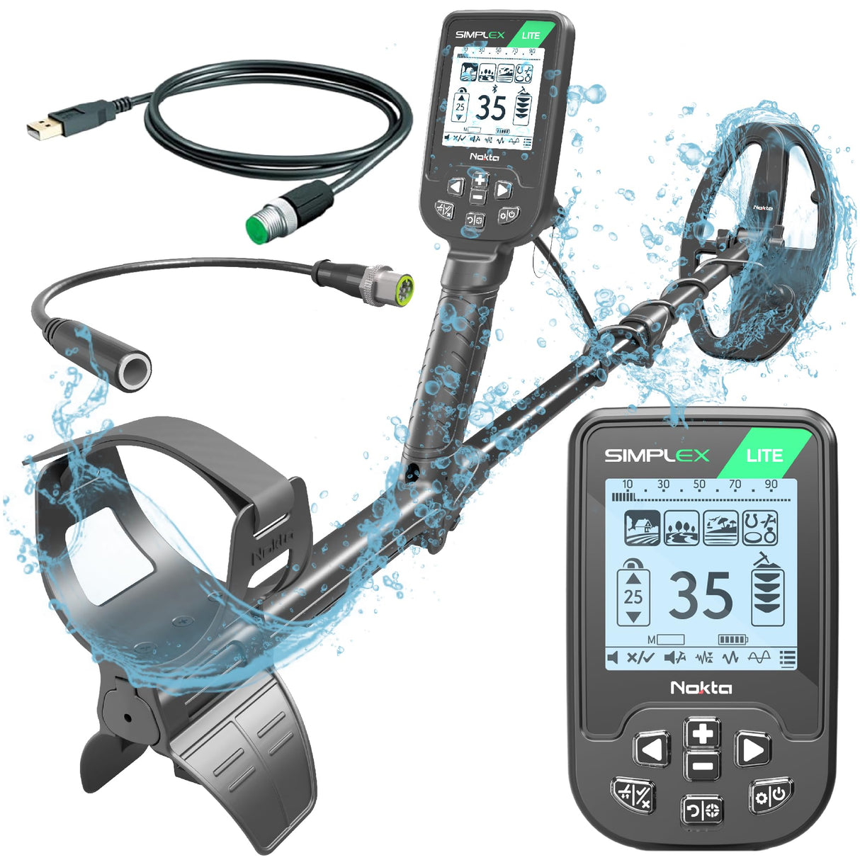 Nokta Simplex Lite - Detector de metales con bobina de búsqueda DD impermeable de 24 cm, vibración para detectar bajo el agua, playa y todos los modos de búsqueda de metales
