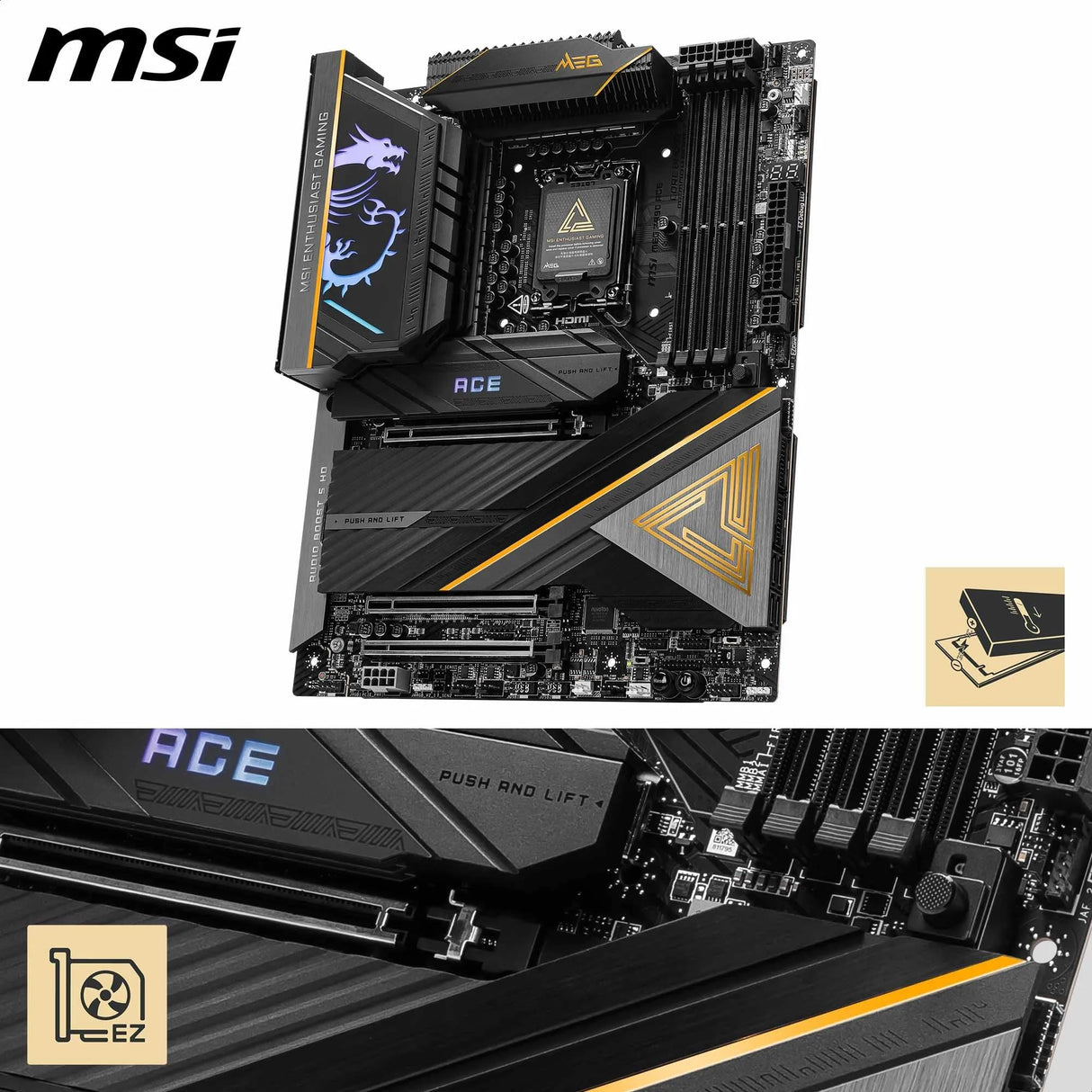 MSI Meg Z890 Ace, ATX - Placa Base Soporta Procesadores Intel Core Ultra (Serie 2), LGA 1851-110A SPS VRM, Memoria DDR5 (9200+MT/s OC), PCIe 5.0 & 4.0 x16, M.2 Gen5, Thunderbolt 4, Wi-Fi 7, 10G LAN