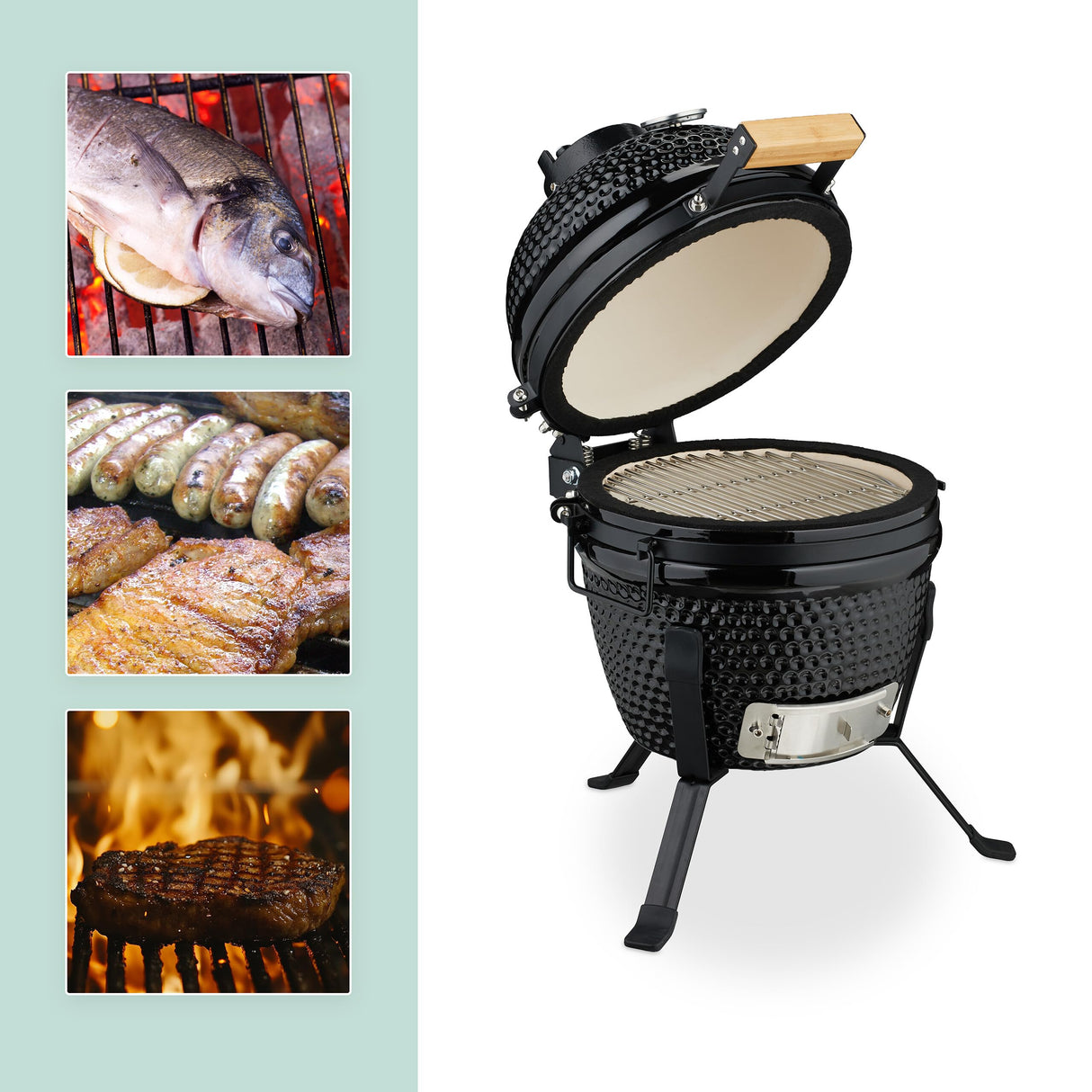 Relaxdays Barbacoa de Carbón Kamado, 26 cm Ø, Parrilla Cerámica con Termómetro hasta 450°C, BBQ, Asar y Cocinar, Negro, Acero Inoxidable, Hierro
