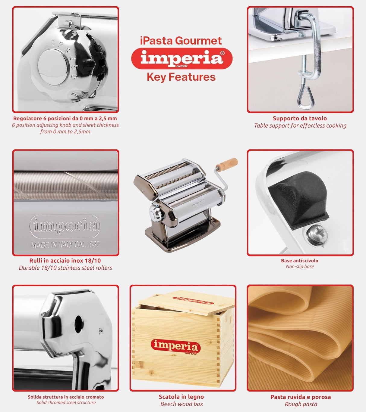 Imperia IPasta Línea Gourmet. Máquina para pasta rugosa. 100% Made in Italy. Máquina de pasta fresca en acero. Laminadora crea láminas rugosas y porosa, lasagnette y fettuccine. (Plata)