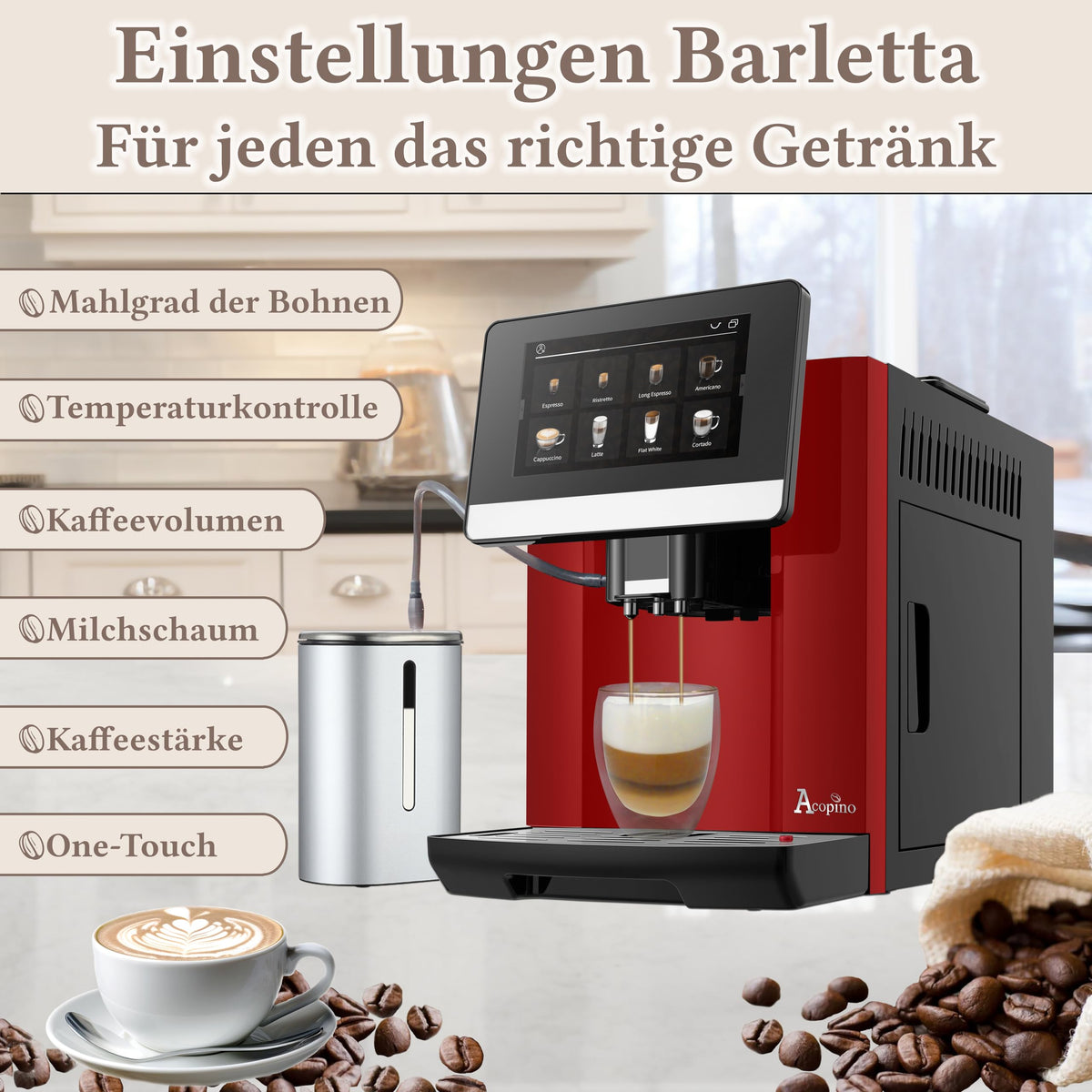 Acopino Cafetera automática Barletta, gran pantalla a color, con sistema de leche para un disfrute perfecto del café (rojo)
