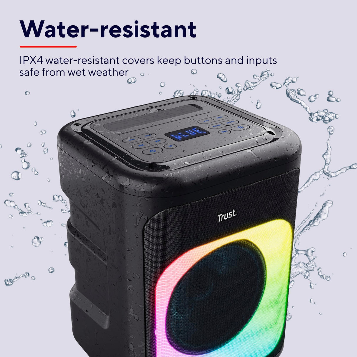 Trust Azura Altavoz Bluetooth Potente 100W para Fiestas, Altavoz Portátil Inalámbrico Luz LED RGB Intemperie IPX4, Altavoces Bluetooth Batería Recargable 11H, 2 Entradas de Micrófono Karaoke