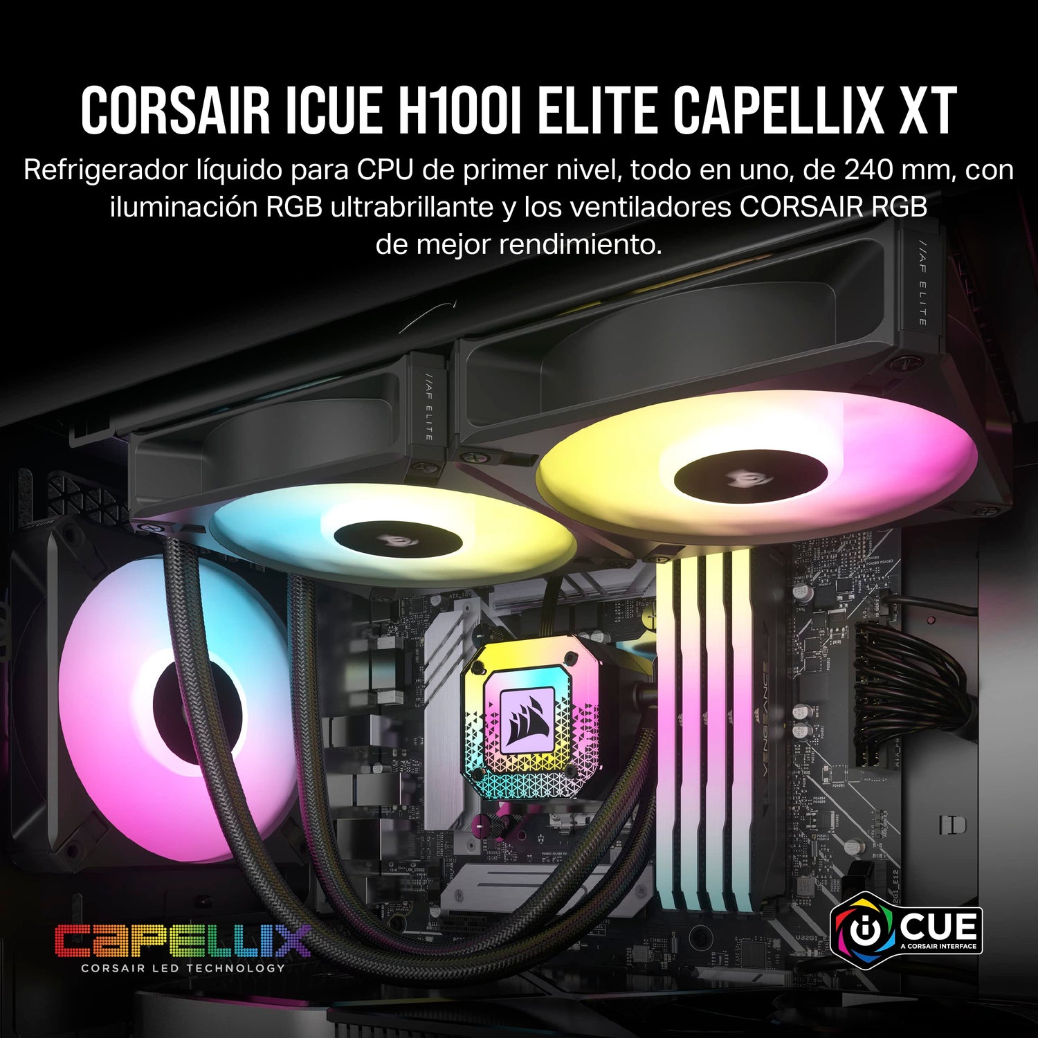 Corsair iCUE H100i RGB ELITE Refrigeración líquida de CPU (16 LED RGB dinámicos, Ventiladores AF ELITE Series FDB de 120 mm, Radiador de 240 mm, Zócalos LGA 1700, 1200, 115X, 2066 y AM4) Negro