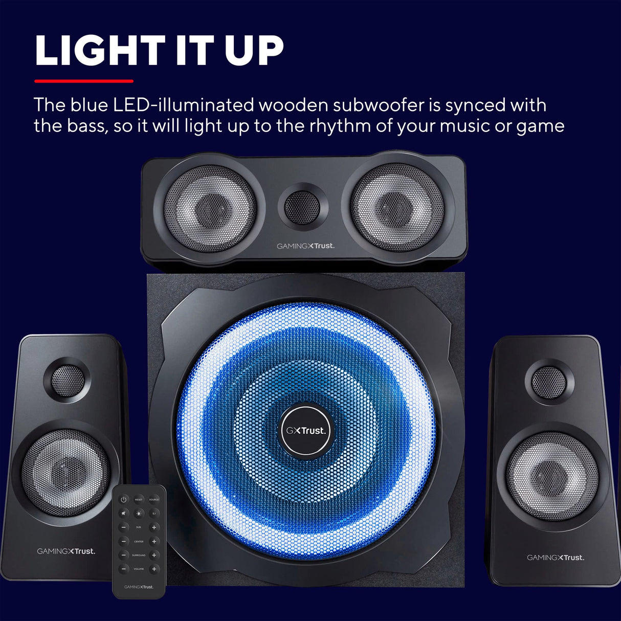 Trust Gaming GXT 658 Tytan 5.1 Sistema de Altavoces con Iluminación LED y Sonido Envolvente, Altavoz Alámbrico, Speaker para PC, Ordenador Portátil, Smart TV, Consola - Negro