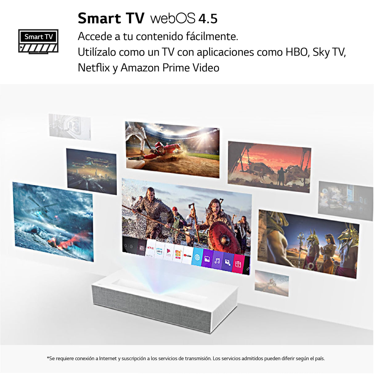LG HU85LS - Proyector 4K, CineBeam, SmartTV, webOS 4.5, hasta 120 Pulgadas, Fuente Láser 3 Canales, 2.700 lúmenes, 3840 x 2160px, Dolby Surround Audio, Blanco