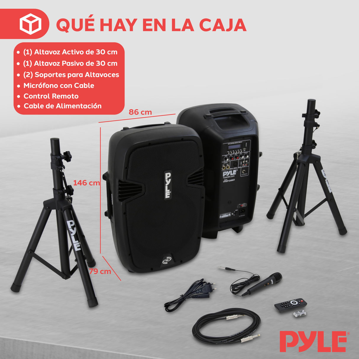Pyle Kit de Sistema PA, Portátil, Inalámbrico, 1800W, Bluetooth, Activo + Pasivo, Sonido Interior/Exterior, Entradas USB, SD, AUX, XLR, RCA, Incluye 2 Soportes, Micrófono Cableado, Mando a distancia