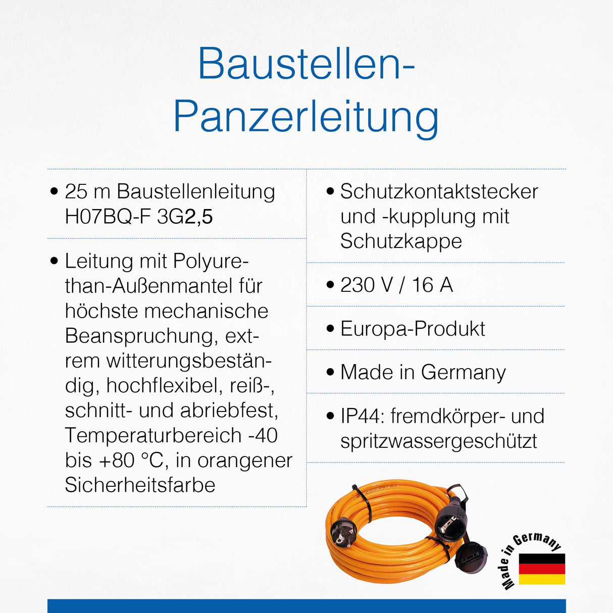 as - Schwabe alargador de Cables 25 m H07BQ-F 3G2,5 - Cable de extensión 230 V / 16 A / 3.500 W - con Tapa de protección - Resistente al Polvo y a Las Salpicaduras IP44 - Naranja, 59225