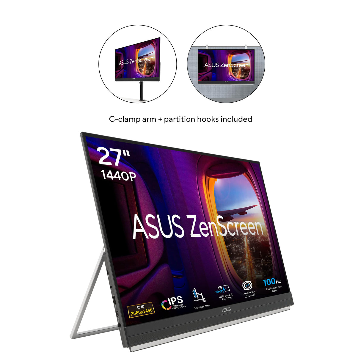 ASUS ZenScreen MB27ACF Monitor portátil de 27 Pulgadas QHD, 2560 x 1440, IPS, 100Hz, USB-C PD 70 W, Altavoces, asa de Soporte, Pinza en C, Gancho de partición, subwoofer, Audio de 2.1 Canales