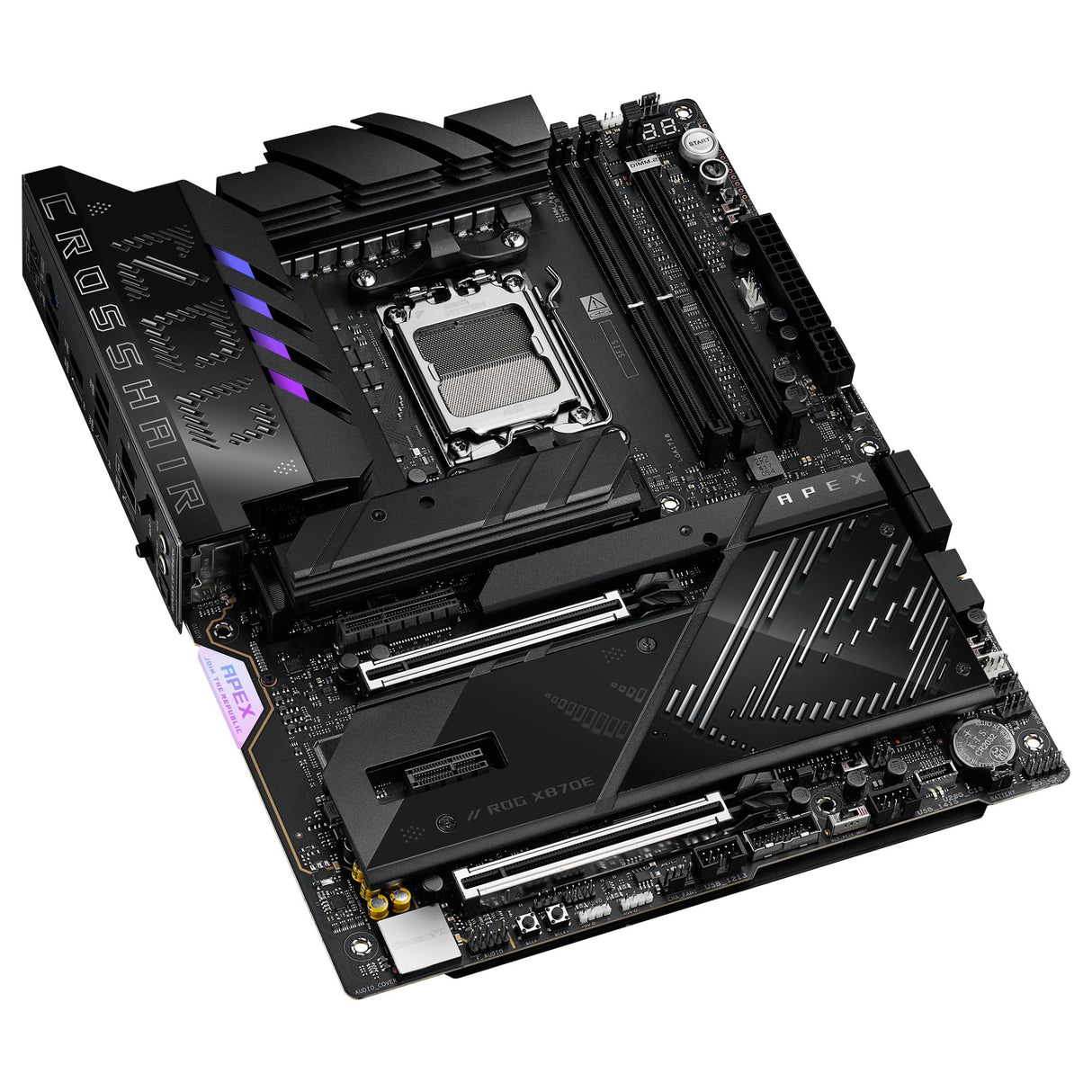 ASUS ROG Crosshair X870E Apex - Placa Base AMD ATX, 18+2+2 etapas de Potencia, Ranuras DDR5, PCIe 5.0 Compatible con GPU de próxima generación, Cinco Ranuras M.2, Wi-Fi 7, USB4, overclocking con IA