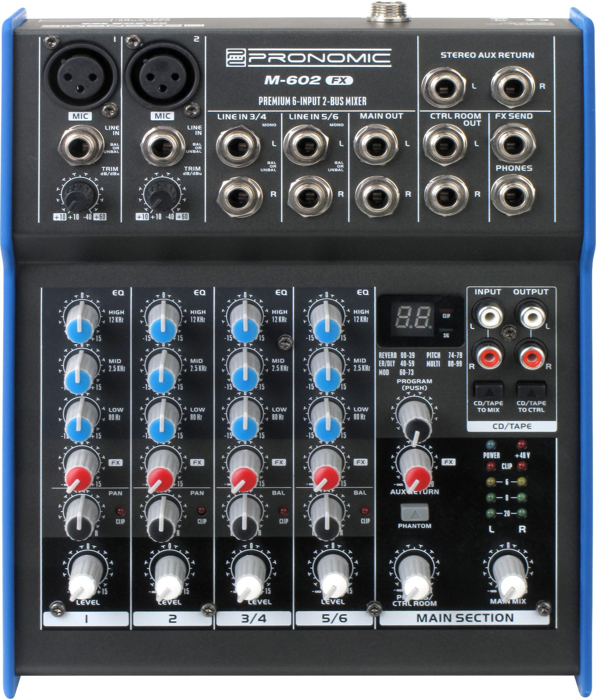 Mesa de Mezclas Pronomic M-602FX Live/Studio con procesador digital de multiefectos de 24bit (2 canales mono XLR/jack, 2 canales estéreo, ecualizador de 3 bandas, alimentación phantom de 48V)