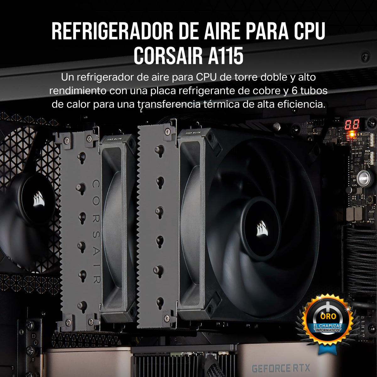 CORSAIR A115 Torre de Alto Rendimiento para CPU - Enfría hasta 270W TDP - Montaje de Ventilador Deslizante y de Bloqueo - Dos Ventiladores Corsair AF140 Elite - Pasta Térmica Preaplicada - Negro