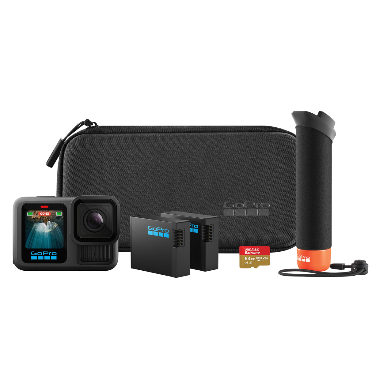 GoPro Paquete de Accesorios HERO13 Black: Incluye el Controlador (empuñadura Flotante), 2 baterías Enduro, 2 Soportes Adhesivos curvos, Tarjeta microSD SanDisk de 64 GB, Estuche de Transporte y más