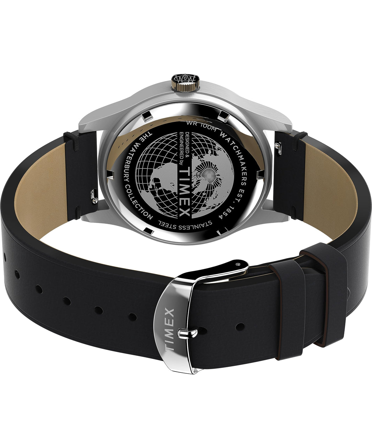 Timex Waterbury - Reloj de 39 mm para hombre, correa de liberación rápida de cuero negro de dos piezas, esfera negra, caja de acero inoxidable TW2W14700