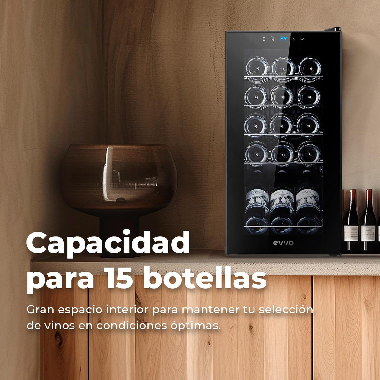 EVVO Vinoteca 15 Botellas, Botellero Vertical, Display Temperatura Interior, Tecnología de Enfiramiento Termoeléctrico, Temperatura Ajustable 5-18ºC, Muy Silenciosa 39 dB, Pantalla Táctil Modelo: VT15