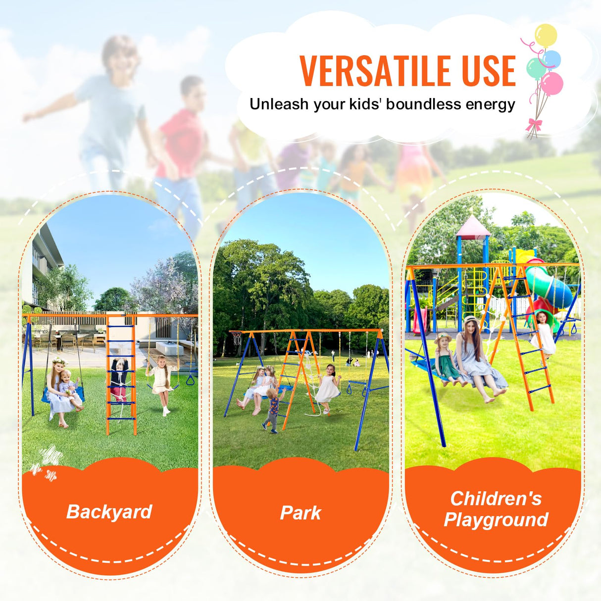 VEVOR 6 en 1 Juego de Columpios para Patio Trasero con 2 Columpios, Barra Trapecio, Escalera de Escalada, Red de Escalada y Aro de Baloncesto Capacidad de Carga 200KG para Niños a Partir de 3 Años