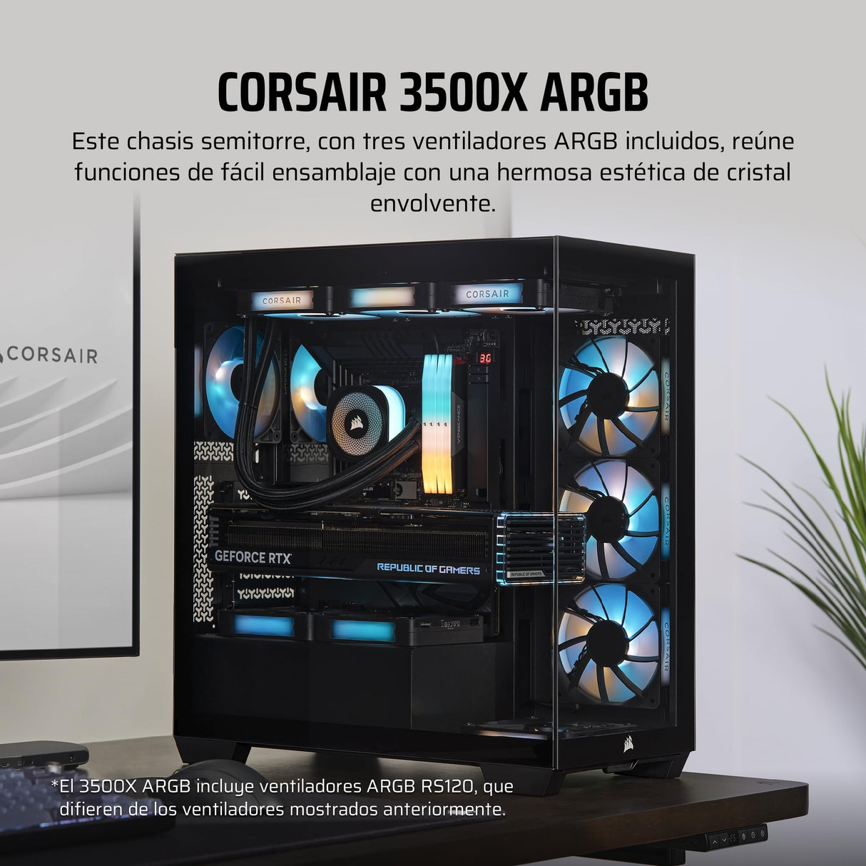 CORSAIR 3500X ARGB Media-Torre ATX Caja de PC - Cristal Templado Panorámico - Compatible Placa Base de Conexión Inversa - 3X Ventiladores CORSAIR RS120 ARGB Incluidos - Negro