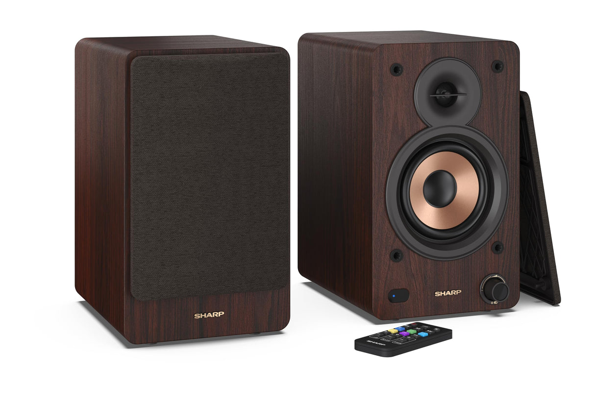 Sharp CP-SS30(BR) Pareja Altavoces estantería Activos 2vías, 60W RMS (2x30W) Carcasa Madera, Bluetooth v5.0, USB, óptica, Auxiliar, RCA, Ajuste Graves y Agudos, Rejilla extraíble, Mando a Distancia.