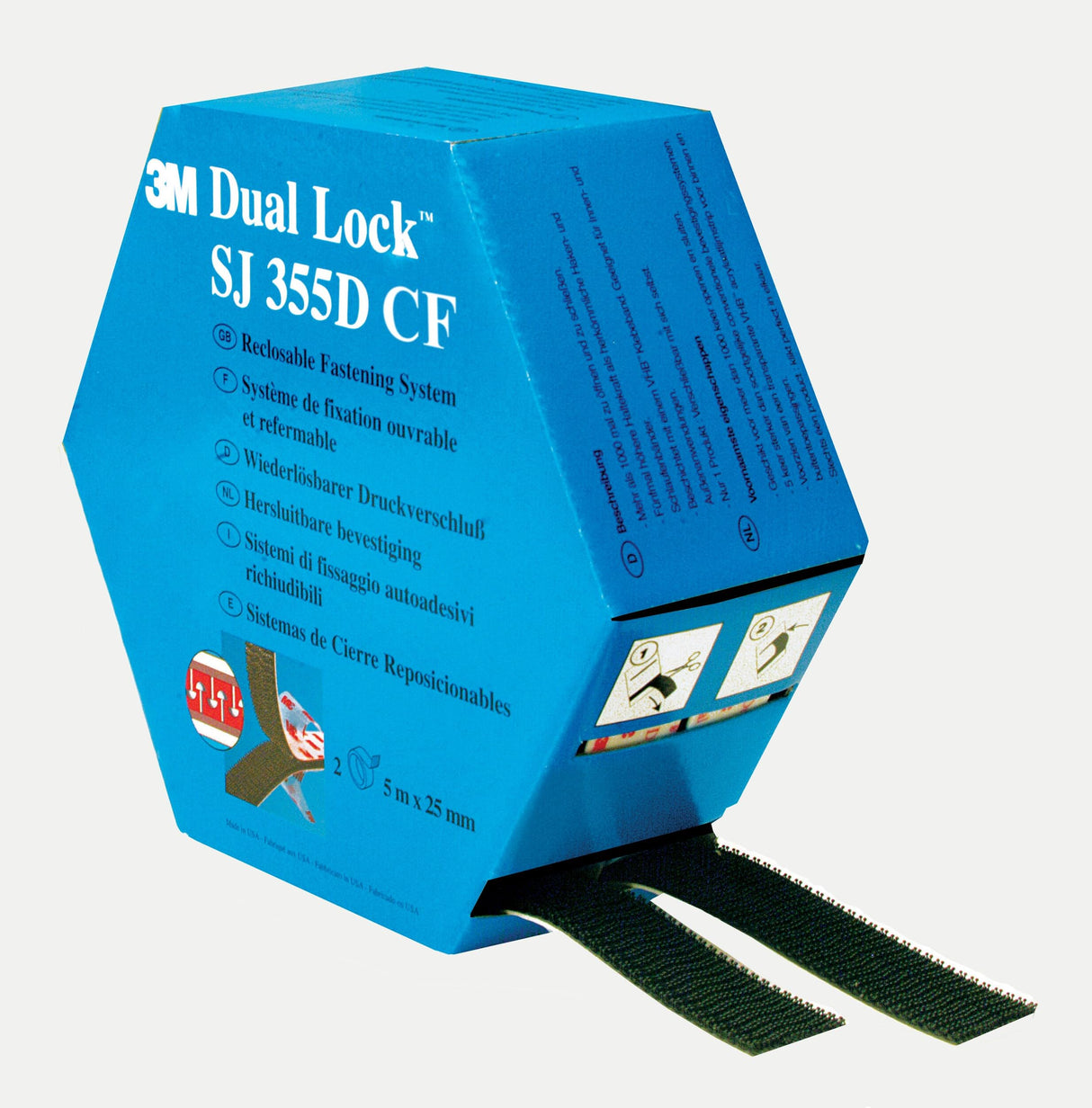 3M Dual Lock Sistemas de Unión Desmontable SJ355D CF, 250, Negro, 25 mm x 5 m, 5.7 mm, 2 tiras