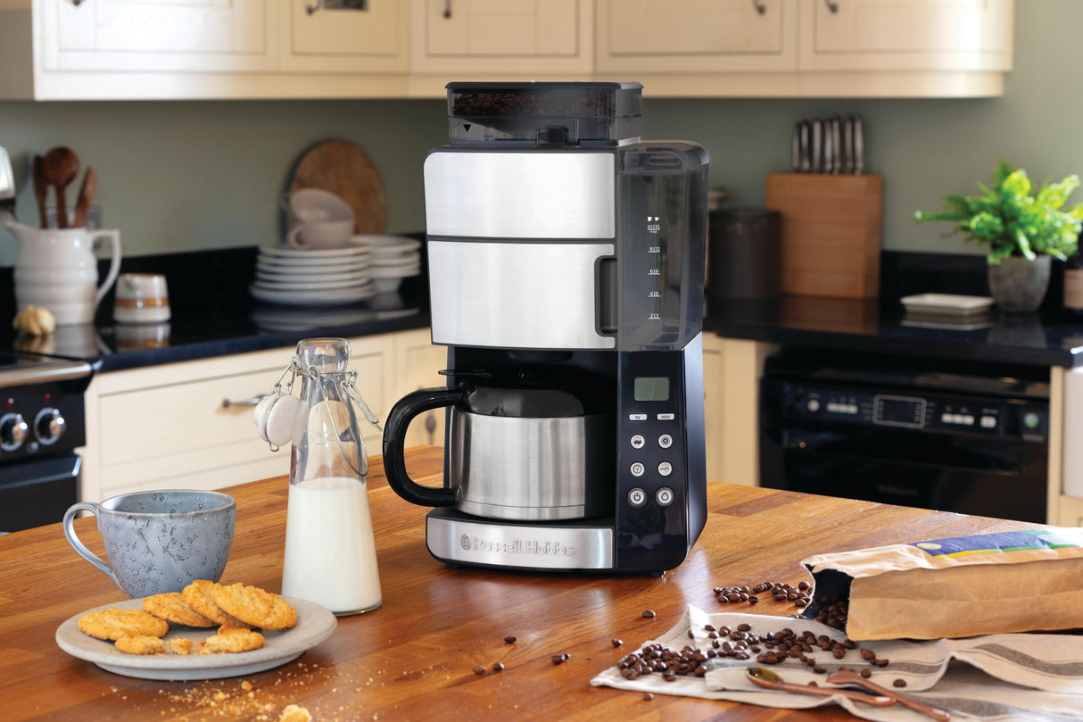 Russell Hobbs Cafetera de Goteo Grind & Brew - 10 Tazas, Jarra Térmica 1L, Molinillo para 250 g, 3 Niveles Molienda, Selector de Intensidad, Programable, Acero Inoxidable, Plata y Negro - 25620-56