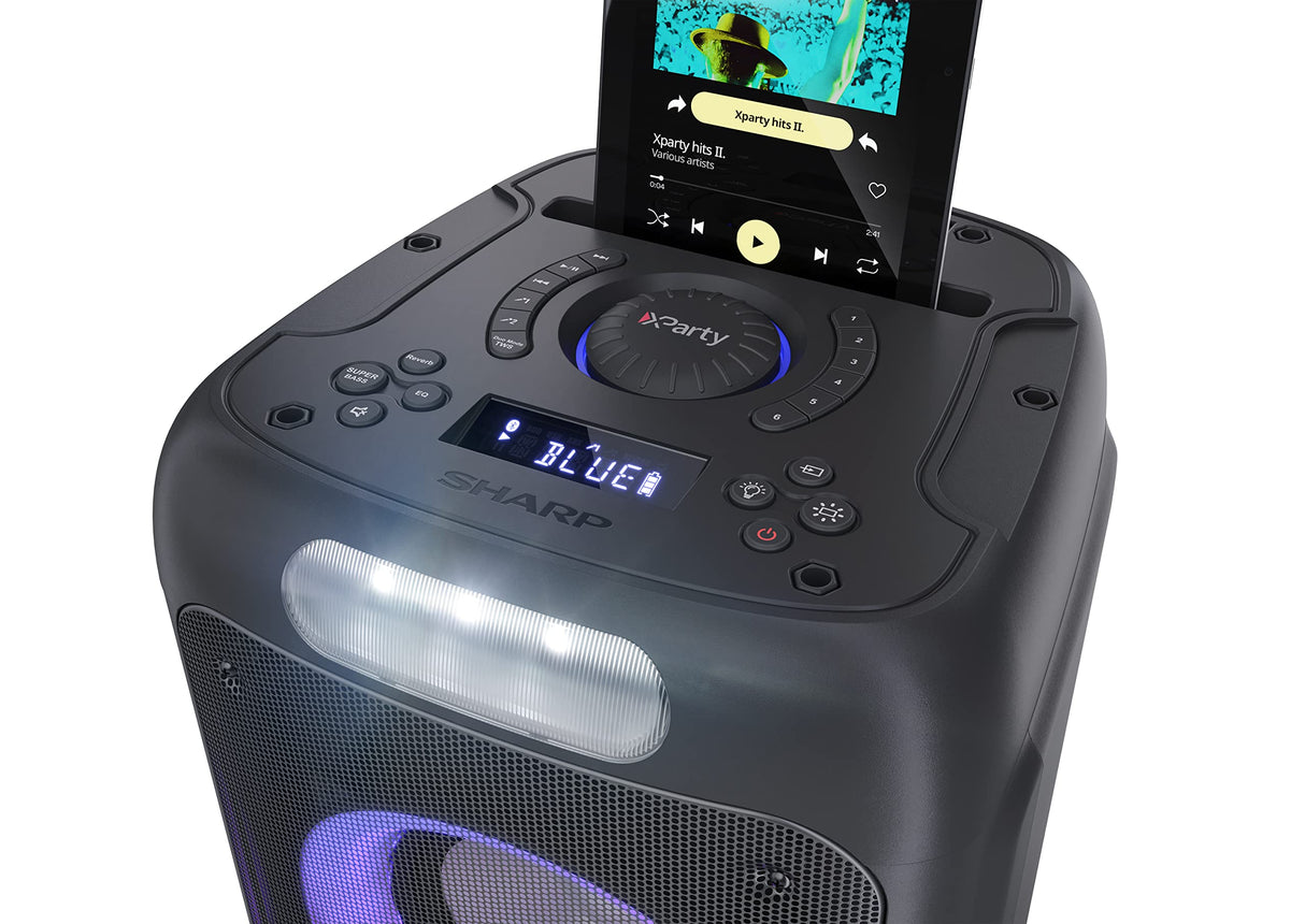 Sharp PS-949 Xparty Street Altavoz Portátil, Bluetooth, a Prueba de Salpicaduras, con Efectos de Luces, Efectos de DJ y Micrófono Incluido.