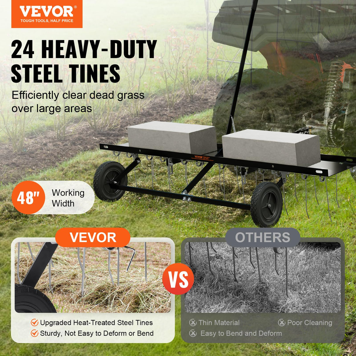 VEVOR Cortacéspedes de Remolque detrás de 1219 x 1140 x 865 mm con 24 Púas de Acero con Resorte, Rastrillo de Césped para ATV o Cortacésped, con Mango de Elevación para Césped de Granja de Jardín