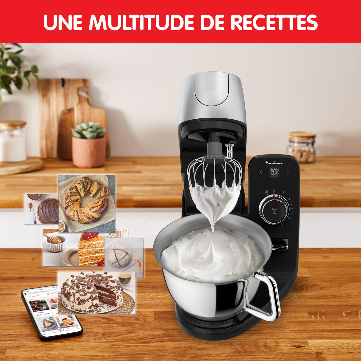 Moulinex Robot pastelero, Cuenco de acero inoxidable 5.5 L, 8 programas recetas básicas, Tecnología patentada, Silencioso, Robusto, Aplicación gratuita con coaching, Coach QA900810