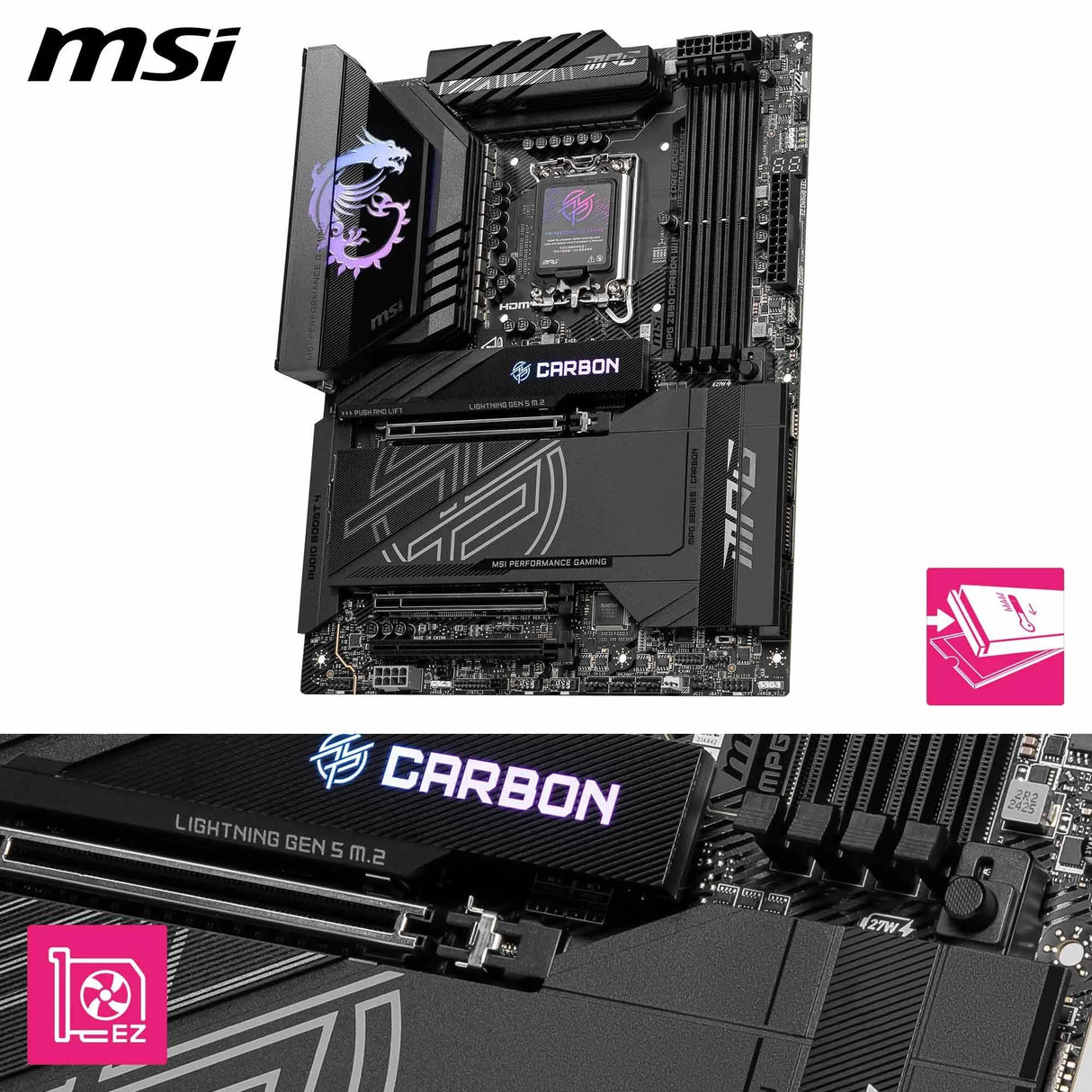MSI MPG Z890 Carbon WiFi Placa Base ATX, Admite Intel Core Ultra (Serie 2), LGA 1851-110A SPS VRM, DDR5 Memory Boost 9200+ MT/s (OC), PCIe 5.0 x16 & 4.0 x16, M.2 Gen5