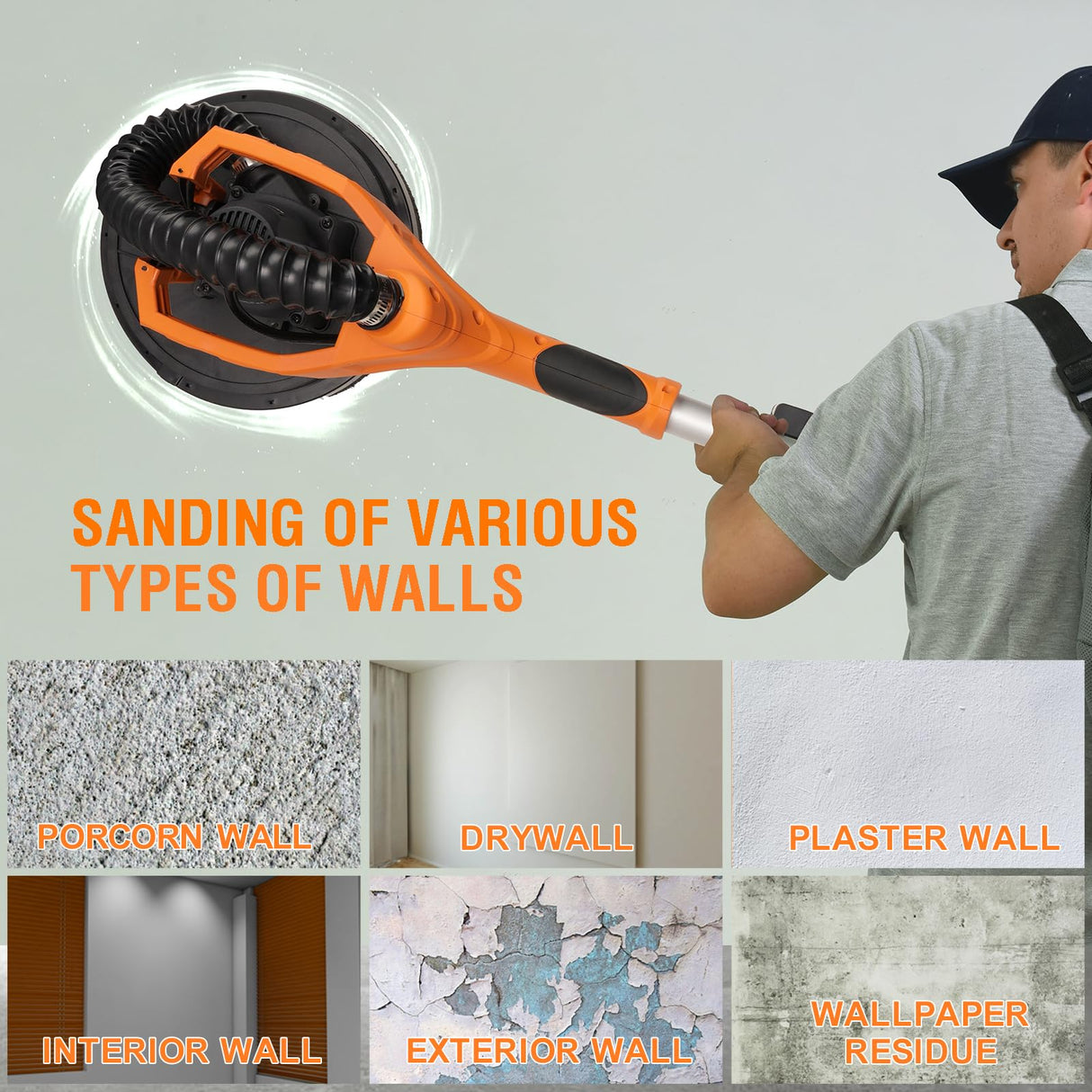 MAXXT Lijadora de pared 20V sin escobillas: Sistema de auto-aspiración, Control de velocidad continuo (600-1200 RPM), Disco de 225 mm, Plegable (extensible 110-165 cm), Para paredes y techos