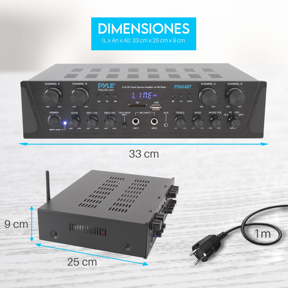 Pyle Amplificador de Audio, Inalambrico, Bluetooth, Estereo, 4 Canales, Entrada de microfono, AUX, Salida del Altavoz del subwoofer RCA, USB, Potencia Maxima de 500W a 4-8 ohmios
