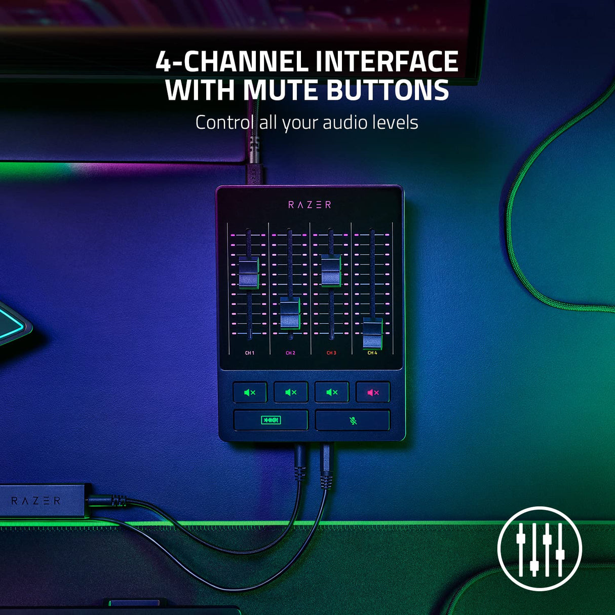 Razer Audio Mixer - Mezclador de audio para streaming (Mezclador de audio analógico, interfaz de 4 canales con botones de silencio, entrada XLR con preamplificador, Plug and Play) Negro