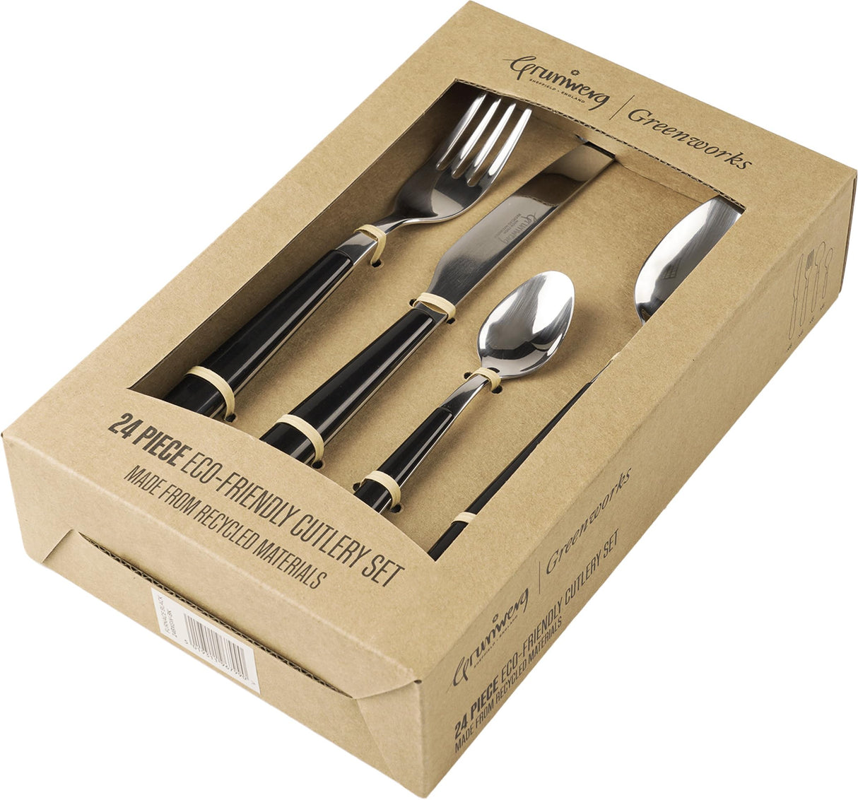 Grunwerg Greenworks Juego de cubiertos de 24 piezas en caja, plástico reciclado, ecológico, negro horno